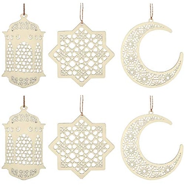JLGKNEE Eid Mubarak Wooden Pendant Moon Starlight Set Ramadan Mubarak Festival Decoration Wood Color