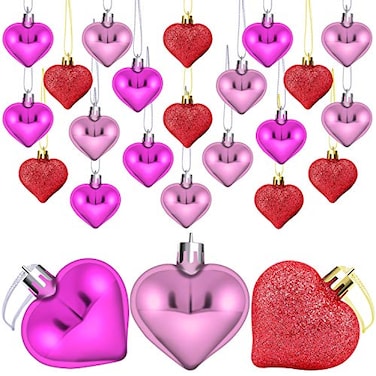 Elcoho 24 Pieces Valentines Day Heart Baubles Ornaments Heart Shaped Decoration Baubles for Valentines Day Decoration 2 Styles Glossy Glitter