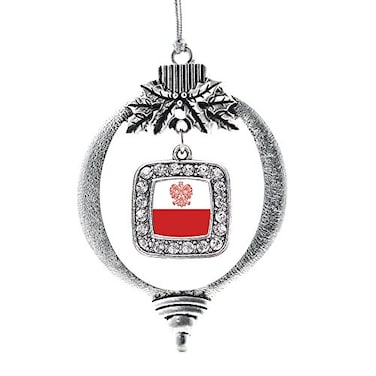 Inspired Silver Polish Flag Silver Christmas Ornament Square Charm Christmas Tree Ornament with Cubic Zirconia Holiday Hanging Decoration