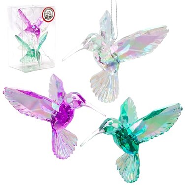 NorthPoleXpress Iridescent Acrylic Hummingbird Christmas Ornaments Set of 3 Purple Clear Green Bird Christmas Decorations Christmas Tree Ornaments Christmas Tree Decorations