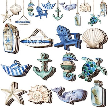 Maitys 36 Pcs Beach Wooden Ornaments Ocean Summer Tree Decorations Coastal Nautical Seaside Wood Cutouts Navigation Hanging Ornaments Xmas Decorations for Home Tree Wall Wreath CraftsBeach Sea