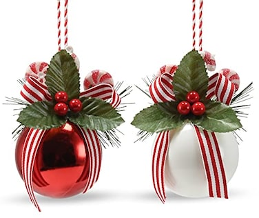 Ornativity Red and White Ornaments Shiny Red and White Ball Xmas Ornament with Realistic Holly Leaf and Red Cranberry Berries with Rustic Candy String Christmas Tree Decoration Set 24 Pack of 10