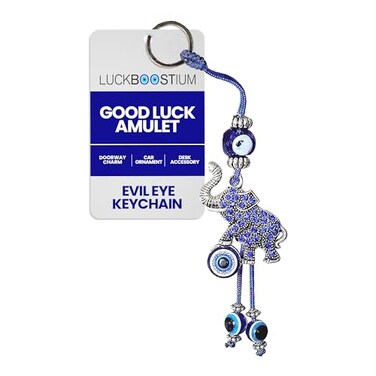 LUCKBOOSTIUM Evil Eye Elephant Keychain with Crystal Rhinestones Protective Elephant Amulet for Good Luck Spiritual Charms Bag Accessories Rear View Mirror or Doorway Charm Home Dcor Piece