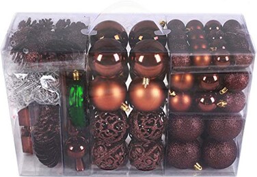 BRUBAKER 101 Pack Assorted Christmas Ball Ornaments Shatterproof with Green Pickle and Tree Topper Designed in Germany Brown