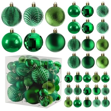 PREXTEX Prextex 36Pieces Green Christmas Ornaments Set Shatterproof Festive Christmas Tree Balls Decorations in 3 Sizes and 6 Styles with Hanging Loops for Tree Wreath and Dazzling Holiday Party Decor