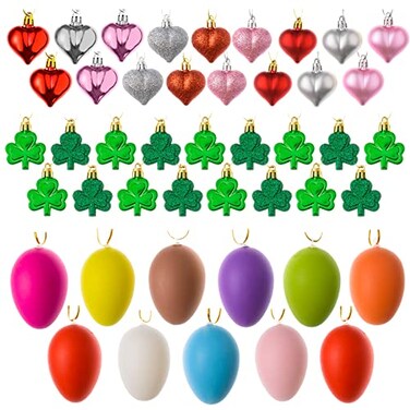 MixTeach 72 Pieces Valentines Day Heart St Patricks Day Shamrock Easter Egg Ornaments Heart Shaped Baubles Clover Baubles Hanging Egg Decorations for Holiday Party