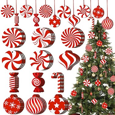 Qunclay 36 Pieces Candy Cane Christmas Ornaments Wood Hanging Decor Xmas Tree Cutouts Peppermint for Home Party Decoration Supplies Candy Style