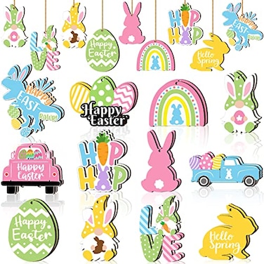 Marsui 24 Pcs Easter Ornaments for Tree Happy Easter Wooden Hanging Ornaments Egg Bunny Spring Tree Decorations Gnome Chick Wood Slices Pendant with Rope for Home Spring Party DecorTruck