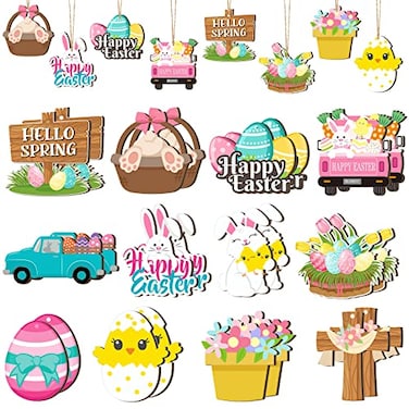 Marsui 24 Pcs Easter Ornaments for Tree Happy Easter Wooden Hanging Ornaments Egg Bunny Spring Tree Decorations Gnome Chick Wood Slices Pendant with Rope for Home Spring Party DecorEgg