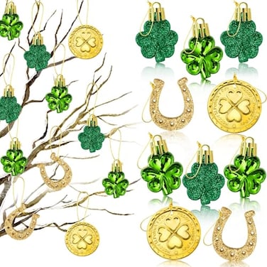 VABAMNA St Patricks Day Decorations Shamrock Ornaments 48pcs Shamrock Clover Gold Coins Horseshoe Tree Ornaments for Spring Lucky Irish Day St Patricks Day Home Table Tree Party Hanging Decorations