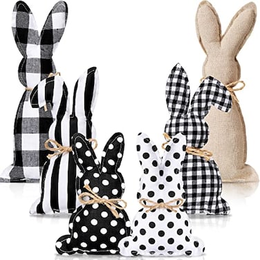 Leyndo 6 Pcs Easter Stuffed Fabric Bunnies Decorations Fabric Bunny Ornaments for Tiered Tray Rustic Farmhouse Spring Home Decor Basket Bowl Vase Fillers Black and White