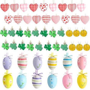 Jutom 108 Pcs Valentines Day Tree Decorations Heart Hanging Ornaments St Patricks Day Shamrock Easter Egg Tree Ornaments Heart Shaped Clover Baubles for Holiday Party Lovely Style