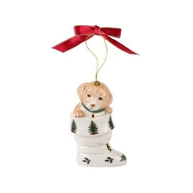 Spode Christmas Tree Puppy in Boot Ornament Festive Holiday Bauble for Christmas Tree Earthenware Hanging Decoration with Red Ribbon for Easy Hanging Decorative Accent Keepsake Gift