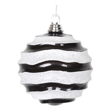 Vickerman 6 Christmas Ornament Wave Ball Black and White Stripe Candy Finish with Glitter Accents Shatterproof Plastic Holiday Christmas Tree Decoration