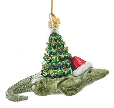 Kurt Adler Noble Gems Alligator with Christmas Tree Glass Ornament NB1390