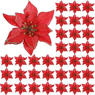 WILLBOND 45 Pieces Christmas Poinsettia Decorations Glitter Poinsettia Flowers Tree Flowers for Xmas Tree Ornaments 5 InchRed