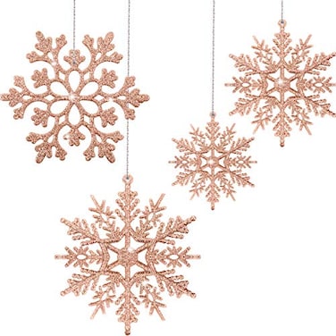 Chuangdi 50 Piece Christmas Rose Gold Snowflake Ornaments Christmas Tree Decorations Hanging Xmas Decorations Plastic Glitter Snow Flakes for Winter Party