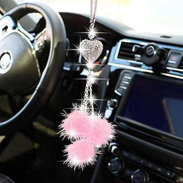 YIDEXIN Car Rear View Mirror Charms for Women Men Rinestones Diamond Love Heart and Pink Plush ball Bling Lucky Crystal Hanging Accessories