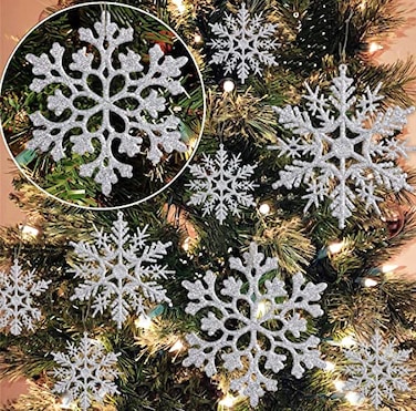 OuMuaMua 36 Pack Silver Snowflake Ornaments Plastic Glitter Snow Flakes Ornaments for Winter Christmas Tree Decorations Size Varies Craft Snowflakes