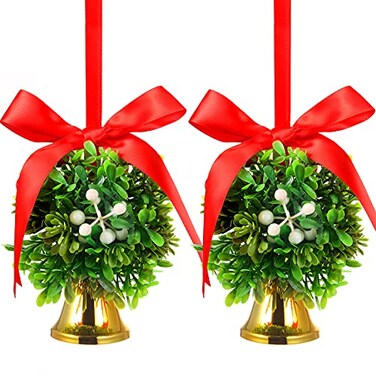 Chuangdi 2 Pcs Christmas Mistletoe Hanging Balls Holiday Artificial Mistletoe Balls Xmas Kissing Ball Decorations with Bow Knots and Bells for Home Christmas Party Decor 5 InchWhite GoldClassic