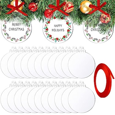 Jetec 25 Pieces Christmas Acrylic Ornament Blanks 4 Inch Clear Ornaments Round Flat Disc Vinyl Christmas Tree Hanging Circle Bauble Fillable Decor with Red Ribbon Hole for DIY Crafts Party Supply