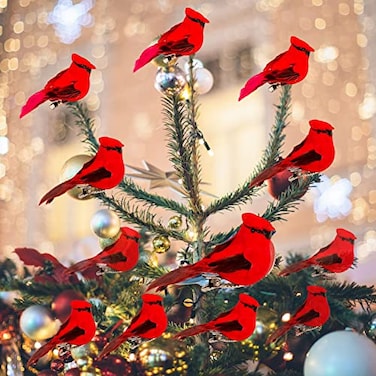 Berfutall Cardinal Clip On Christmas Tree Ornament Decorations Red Feathers Set of 12 Pieces Each is 28 LonA