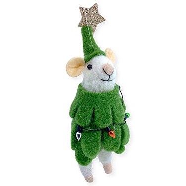 THE JOY White Mouse Christmas Tree Ornament Wool Mouse Dressed as Tree Ornament