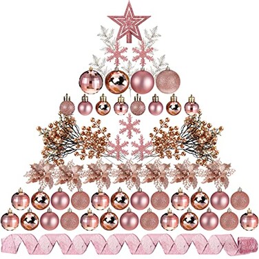 Sratte 94 Pcs Christmas Tree Decorations Set Christmas Tree Ball Ornaments Glitter Poinsettia Flowers Decorations Glitter Berries Stems for Xmas Holiday WeddingRose Gold