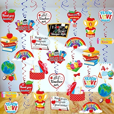Geefuun 40PCS Teacher Appreciation Hanging Swirls Decorations Thank You Teacher Ceiling Foil Ornaments Classroom Office Decor