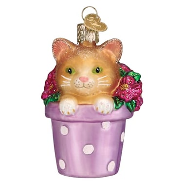Old World Christmas Kitten in Flower Pot Glass Blown Ornament for Christmas Tree Handcrafted Holiday Decoration Cat Collection
