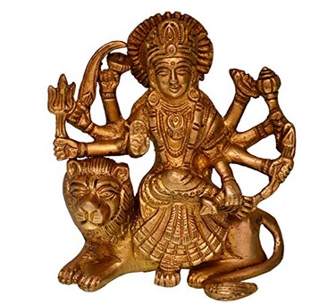 Purpledip Hindu Goddess Shera Wali Durga Ma Statue Solid Brass Metal Idol for Home Temple Office Table Or Shop Puja Shelf Religious Gift 10681