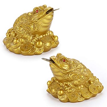 MDLUU 2 Pcs Money Toad Statue Feng Shui Three Legged Toad with Coin Lucky Charm Wealth Frog for Cash Register Office Desk House Warming Store Opening Gift Gold