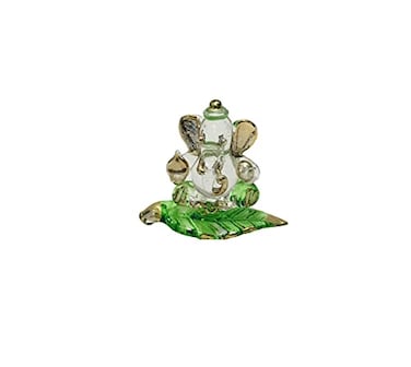 Gavya International Gavya Small Crystal Ganesha Sitting On Betel Leaf Paan Sculpture Murti Idol for Car Dashboard Puja mandir tample Gift Size Height 175 inch Green
