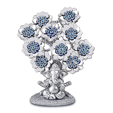 YU FENG Evil Eye Flowers Lucky Tree with Silver Ganesha Hindu Elephant God Statue Home Office Feng Shui Protection Ornament Blessing Gift