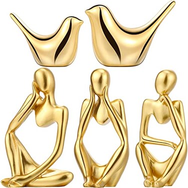 Qunclay 5 Pcs Gold Decor Accents Set Resin Thinker Statue Small Bird Figurines Abstract Decorative Modern Collectible Sculpture for Home Office Bookshelf Living Room Desktop DecorGold