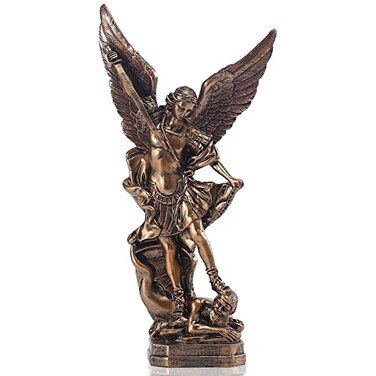 QIANLING 125in San Miguel Arcangel Statue St Michael Statue in Bronzed Resin St Michael The Archangel victoriously Over Satan Collection Figurines for Collection or Decor