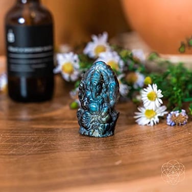 Conscious Items God of Luck Labradorite Crystal Ganesh Statue Hindu Ganesha Idol Statue Small Ganesh for Car Dashboard Decor Yoga Meditation Room Altar Kit Decor Spititual Women Gift