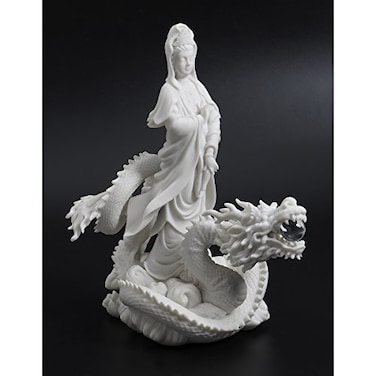 Top Collection 13 Guan Yin Riding Dragon Statue Premium Resin White Marble Finish East Asian Buddhist Deity Goddess of Compassion and Mercy