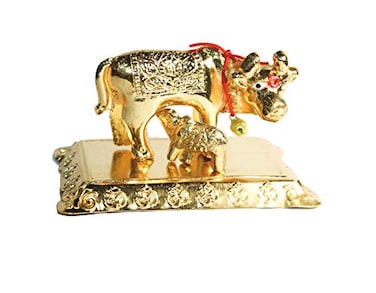 IndianStore4All IS4A Kamadhenu Cow Indian Statue Office Table Gold Tone Metal Art
