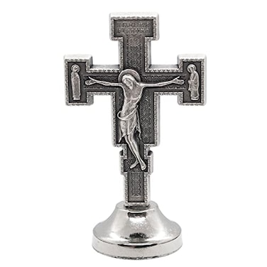 VILLAGE GIFT IMPORTERS Mini Saint Statue SilverTone Metal Sticky Bottom Easily Attach to Car Dash Religious Home and Car Decor Made in Italy San Damiano Cross