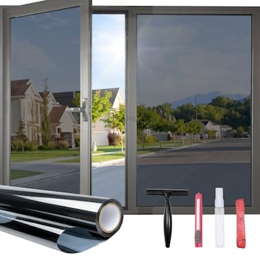 JAYONG One Way Window Privacy Film with Installation Tools Static Cling Mirror Reflective Tint for Daytime Heat Control UV Blocking Privacy Film for Home Office Glass Door Black Silver 175x787