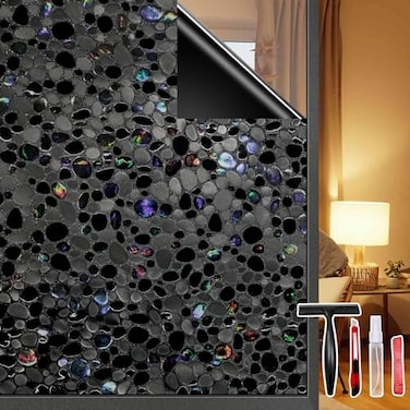JAYONG Total Blackout Window Film Privacy 100 UV Blocking AntiGlare Dark Window Tint for Home Decorative Static Cling Heat Control Window Clings for Bathroom 3D Pebble Pattern Black 175 x 787