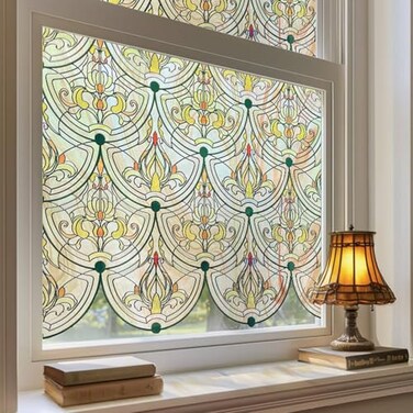 ADD.HERES 3D Stained Glass Window Film Decorative Window Privacy Film for BathroomFront DoorHome Sun Blocking Heat ControlStatic Cling Golden Ironwork 236inch x 708inch