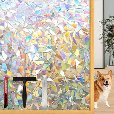 LOVEPEA Lovepea Rainbow Window Privacy Film with Installation Tools 3D Decorative Stained Glass Decals Removable PeepProof Static Cling Heat Control UV Protection 175 x 787 Inch