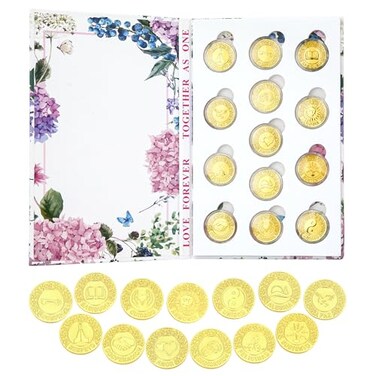 TINGKU Spanish Gold Wedding Unity Coins Set 13 Pcs Storage Box with Book Collection Design for Wedding Ceremony Bride Gift