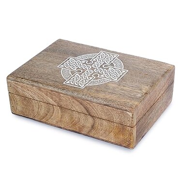 Ajuny Handmade Decorative Wooden Jewelry Box Celtic Cross Design Multipurpose Treasure Chest Storage Organizer Trinket keepsake Necklaces Watch Boxes Great Gifts 8x5 Inch