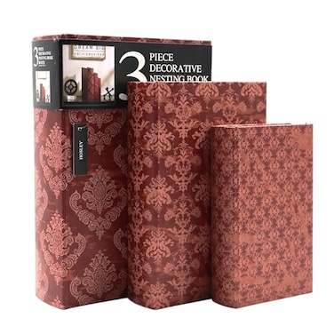 Hosley Farmhouse Memory Book Boxes Set of 3 Red Brown Gold Decorative Nesting Storage Boxes 12 10 8 Inch Faux Leather Keepsake Photo Jewelry Box for Wedding Gift
