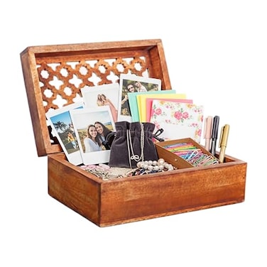 Mela Artisans Trellis Mango Wood Decorative Storage Box HandCarved Wooden Jewelry Box for Keepsakes Accessories Home Decor Medium Burnt Large 9 x 6 x 35
