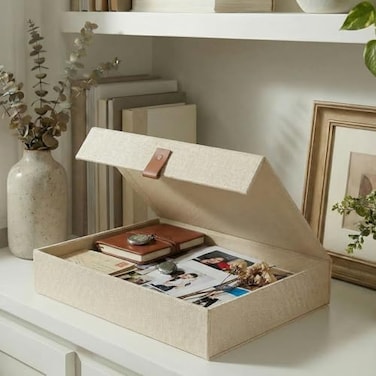 ZICOTO Decorative Photo Storage Box with Lid A Beautiful Linen Organizer Perfect to Safely Store Your Pictures Documents Scrapbooking Supplies Keepsakes and Other Memories in Style