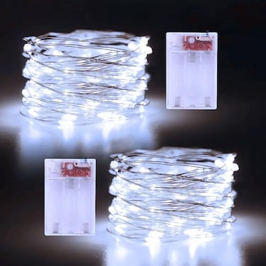 echosari 2 Pack Christmas Fairy Lights Battery Operated 164Ft 50 LEDs Silver Copper Wire Twinkle Lights with 2 Lighting Modes for Christmas Bedroom Indoor Outdoor Wedding Holiday DecorCool White